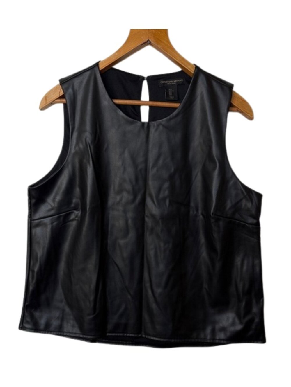 Christian Siriano Faux Leather Tank Top Black Sleeveless Quiet Luxury keyhole L